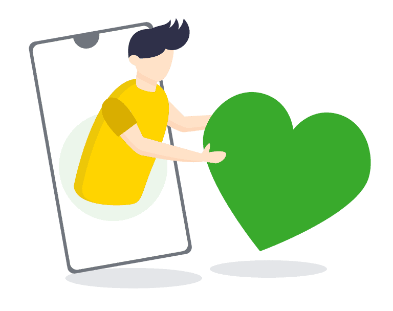 cartoon man coming out of phone with green heart