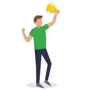 cartoon man waving a trophy