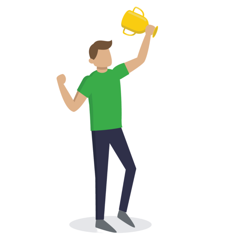 cartoon man waving a trophy